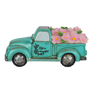 Solar Retro Blue Truck with LED Pink LED Flowers Garden Statuary, 5 Inch | Shop Garden Decor by Exhart
