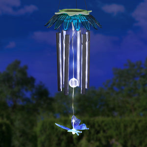 Solar LED Blue Flower Hanging Wind Chime with Butterfly Charm, 7 by 27.5 Inches | Shop Garden Decor by Exhart