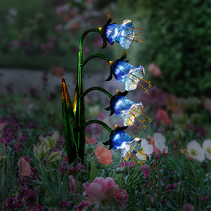 Solar Iridescent Glass Garden Stake with Four Cascading Blue Bell Flowers, 8 by 34 Inches