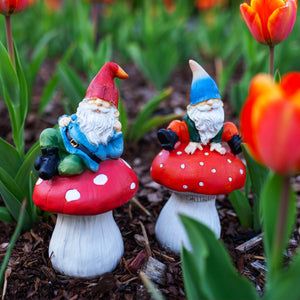 Set of 2 Garden Gnomes on Mushrooms Statuary, 7 Inch | Shop Garden Decor by Exhart