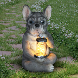 Solar French Bulldog Garden Statuary with LED Firefly Jar, 10 Inches tall | Shop Garden Decor by Exhart