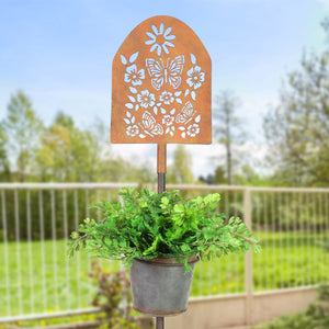 Metal Pot Garden Stake with Stamped Butterfly and Flower Sign, 8 by 56.5 Inches | Shop Garden Decor by Exhart