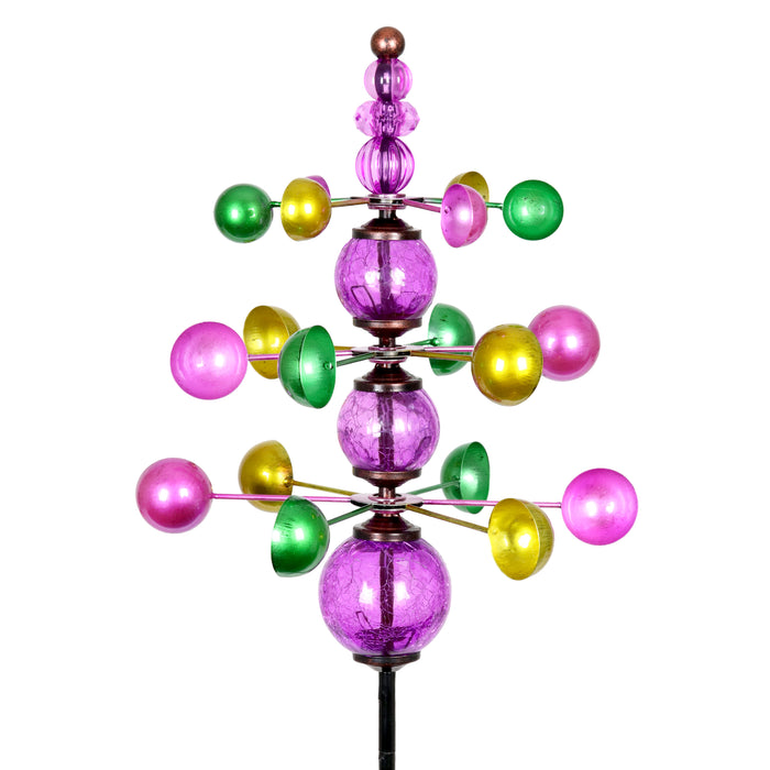 Three Tier Wind Spinner Garden Stake with Glass Crackle Balls in Purple, 14 by 48 Inches