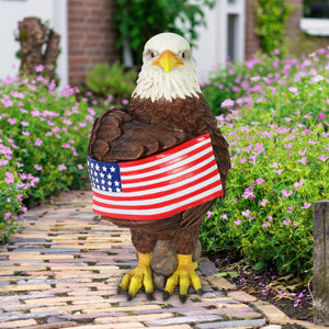 Solar Hand Painted Bald Eagle Garden Statue with Illuminating USA Flag, 7.5 by 12 Inches | Shop Garden Decor by Exhart