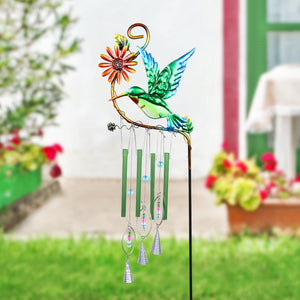 Green Hummingbird Metal Wind Chime Garden Stake, 11.5 by 38 Inches | Shop Garden Decor by Exhart