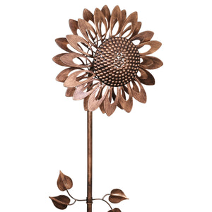Dual Spinning Kinetic Bronze Sunflower Garden Stake in Metal, 47.5 Inches tall