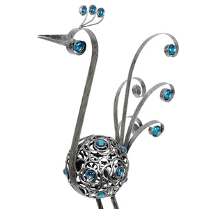 Metal Filigree Bird Statue with Round Flower Body and Beads in Pewter, 15 by 28 Inches | Shop Garden Decor by Exhart