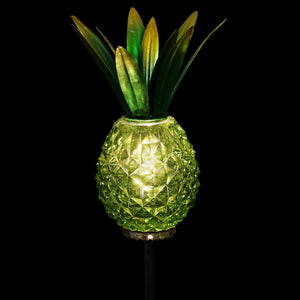 Solar Green Textured Glass Pineapple Garden Stake With Hand Painted Metal Leaf Crown, 4 by 29 Inches | Exhart