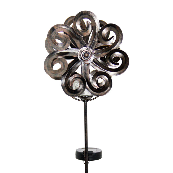 Solar Kinetic Double Wave Windmill Metal and Crackle Glass Garden Spinner Stake