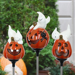 3 Piece Set Solar Pumpkin Jack O'lanterns with Friendly Ghosts Resin Garden Stake Assortment, 5 by 29 Inches
