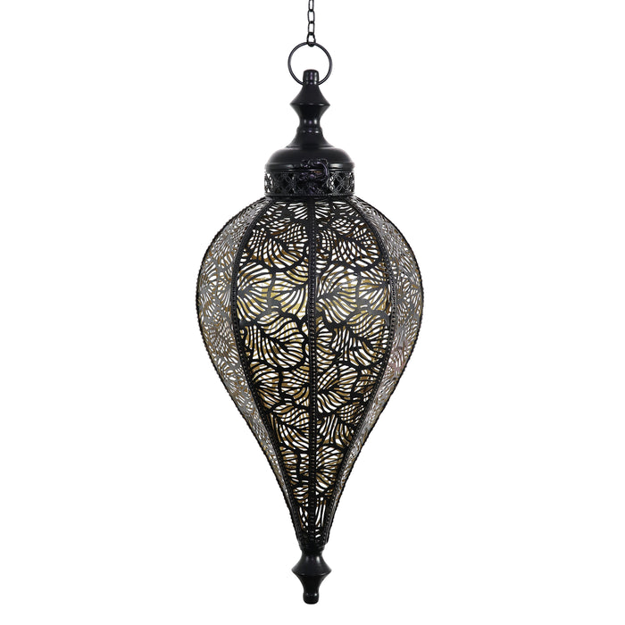 Hanging Metal Leaf Pattern LED Lantern with 5 Hour Battery Timer, 8.5 by 38 Inch