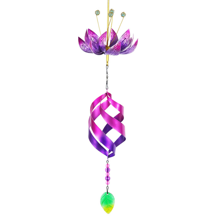 Spinning Purple Lotus Flower with Metal Spiral and Chime Hanging Decor, 7.5 by 23 Inches