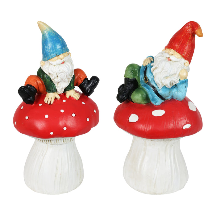 Set of 2 Garden Gnomes on Mushrooms Statuary, 7 Inch