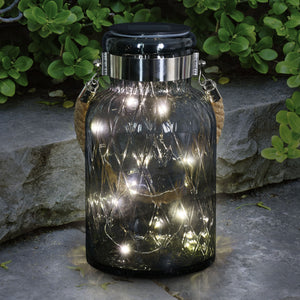 Solar Diamond Glass Accent Lantern with Rope and Twelve LED Lights in Grey, 10.5 Inches | Shop Garden Decor by Exhart