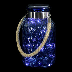 Solar Diamond Glass Accent Lantern with Rope Handle and Twelve LED Lights in Sapphire Blue, 10.5 Inches | Exhart