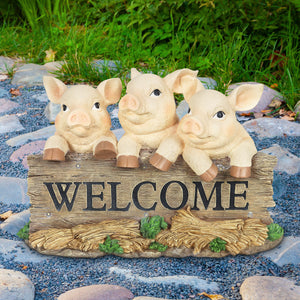 Solar Hand Painted Pigs on a Welcome Log Garden Statue, 12.5 by 8 Inches | Shop Garden Decor by Exhart