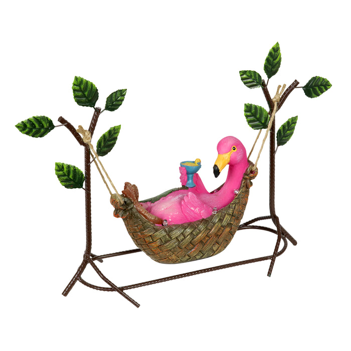 Solar Flamingo in a Hammock Hand Painted Garden Statue