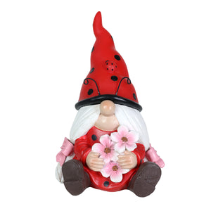 Solar Ladybug Hat Lady Gnome Statue with Pink Flower Bouquet, 6 by 9.5 Inches | Shop Garden Decor by Exhart