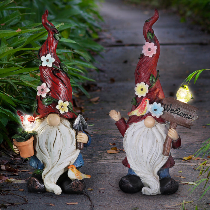 Solar 2 Piece Set Garden Gnome Statues with Welcome Sign, 6 by 12 Inches
