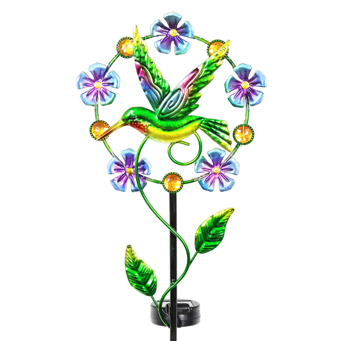Solar Flower Wreath with Hummingbird Center Metal Garden Stake, 8 by 36.5 Inches