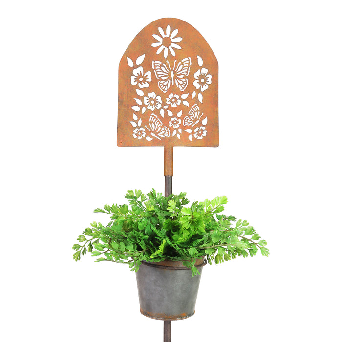Metal Pot Garden Stake with Stamped Butterfly and Flower Sign, 8 by 56.5 Inches