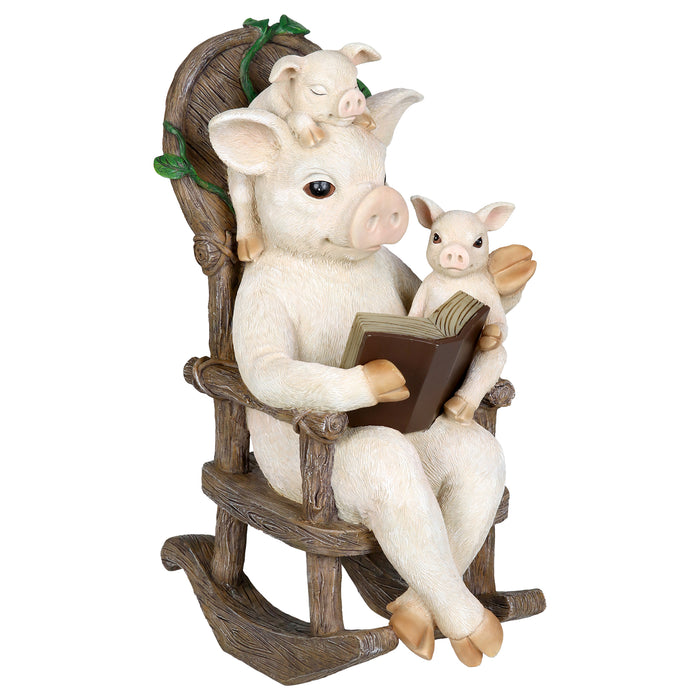 Solar Pig Reading a Story in a Rocking Chair Garden Statue, 12 Inch