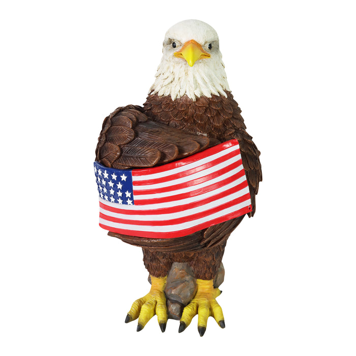 Solar Hand Painted Bald Eagle Garden Statue with Illuminating USA Flag, 7.5 by 12 Inches