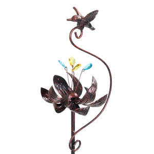 Kinetic Lotus with Hummingbird Bronze Spinner Garden Stake, 8 by 42.5 Inches | Shop Garden Decor by Exhart