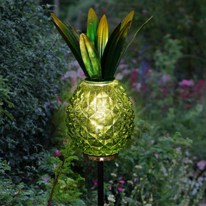 Solar Green Textured Glass Pineapple Garden Stake With Hand Painted Metal Leaf Crown, 4 by 29 Inches | Exhart