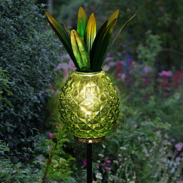 Solar Green Textured Glass Pineapple Garden Stake With Hand Painted Metal Leaf Crown, 4 by 29 Inches