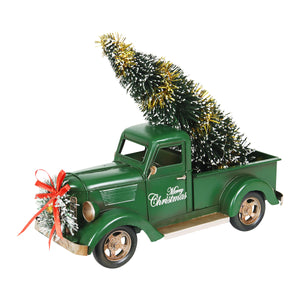 Merry Christmas LED Green Vintage Holiday Truck Statue with a Battery Powered Timer, 14.5 by 6.5 x 14 Inches | Exhart