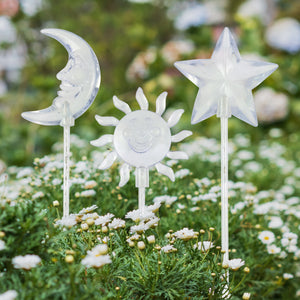 Set of 3 Solar Color Changing Acrylic Garden Stakes with 5 LEDs in Sun, Moon and Star Designs, 4 by 28 Inches | Exhart