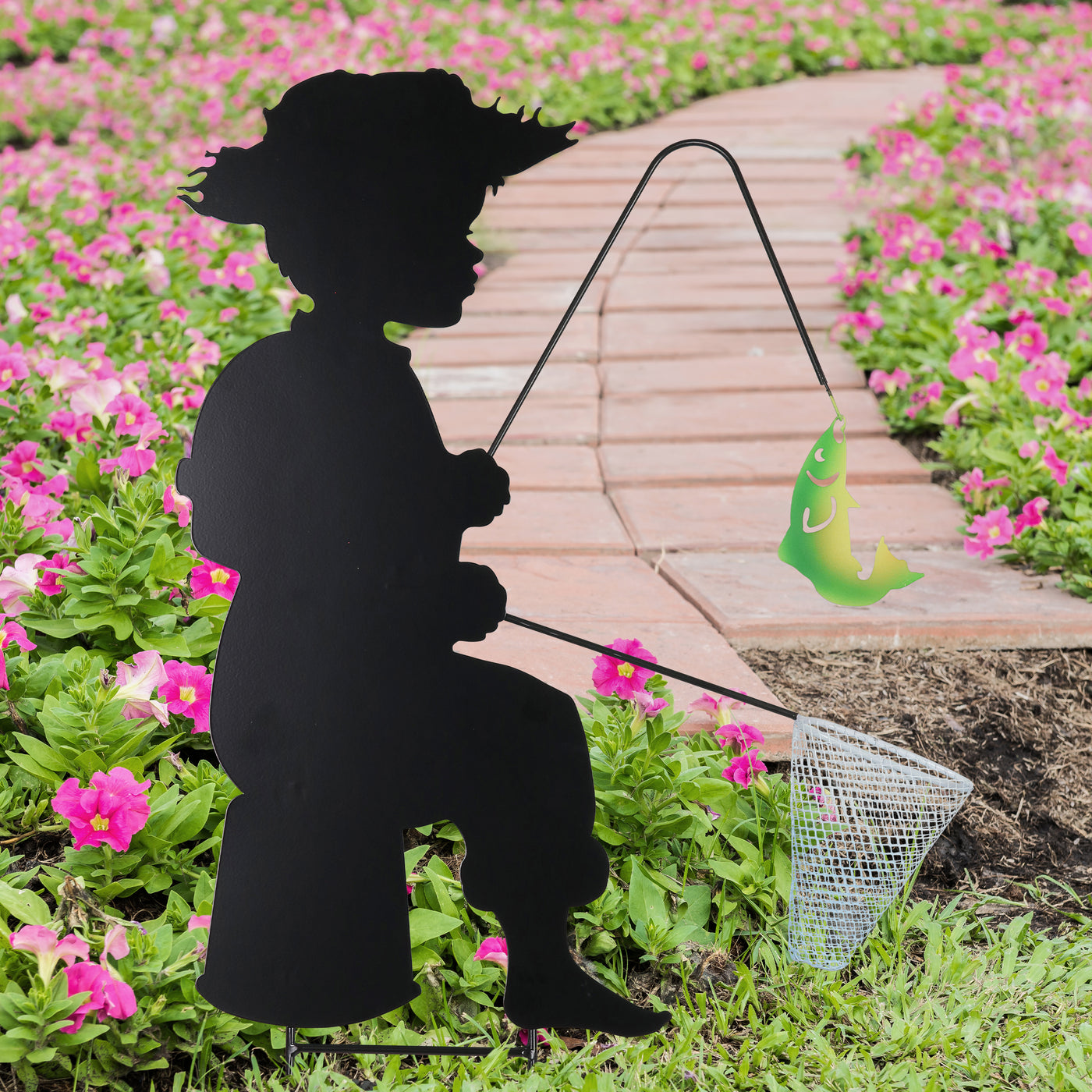 Stamped Metal Fishing Boy Silhouette Garden Stake