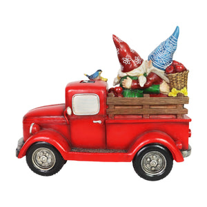 Solar Gnome Couple in Red Retro Truck with LED Flowers Garden Statuary, 17 by 14 Inches | Shop Garden Decor by Exhart