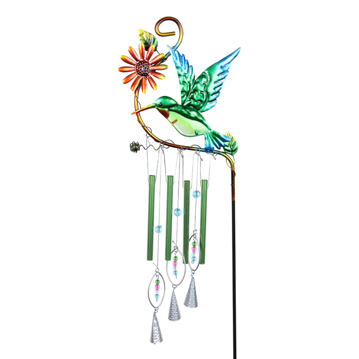 Green Hummingbird Metal Wind Chime Garden Stake, 11.5 by 38 Inches