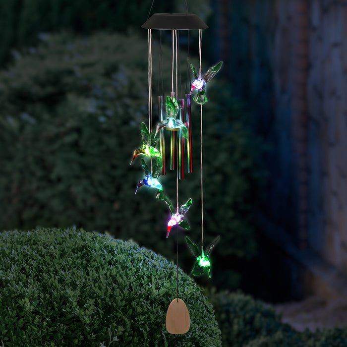 Solar Hummingbird Acrylic and Metal Wind Chime with Color Changing LED lights, 5 by 26 Inches