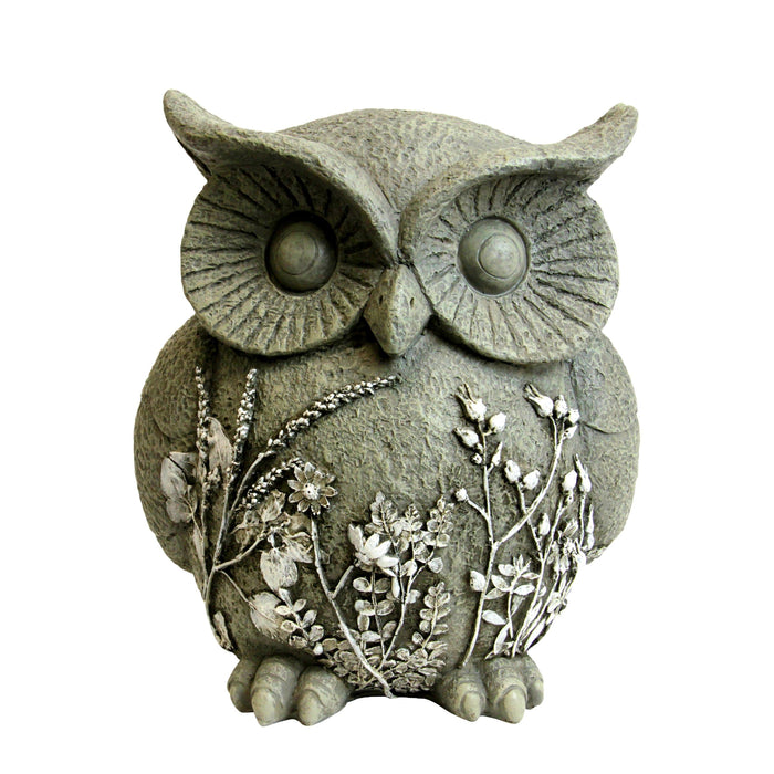 Solar Owl Garden Statue with Flowers, 12 Inch