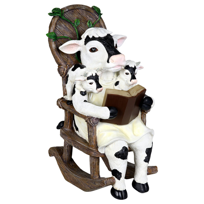 Solar Cow Family Reading a Story in a Rocking Chair Garden Statue, 12 Inch