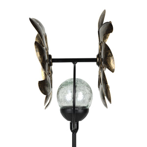 Solar Double Windmill Wind Spinner Garden Stake in a Bronze Finish with Crackle Glass Details, 7 by 43 Inches | Exhart
