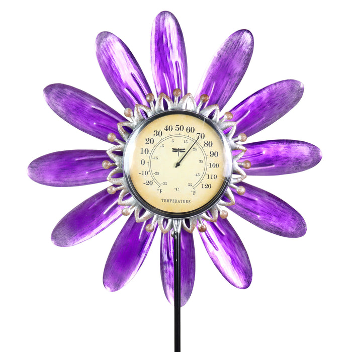 Spinning Purple Metal Flower Thermometer Garden Stake, 17.5 by 50 Inches