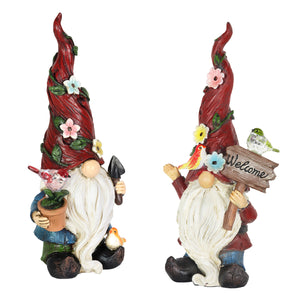 Solar 2 Piece Set Garden Gnome Statues with Welcome Sign, 6 by 12 Inches | Shop Garden Decor by Exhart