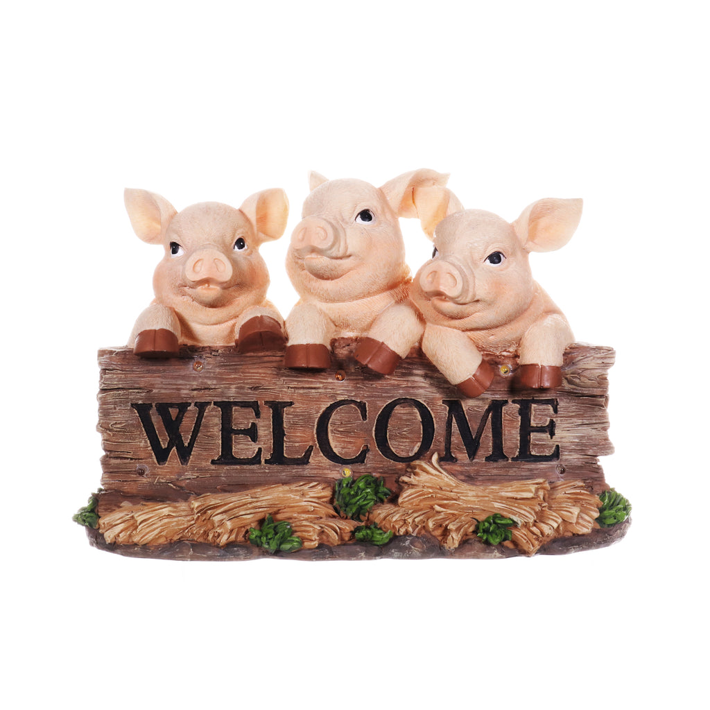 Solar Hand Painted Pigs on a Welcome Log Garden Statue, 12.5 by 8 Inches