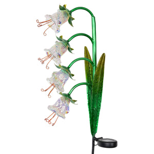 Solar Iridescent Glass Garden Stake with Four Cascading White Bell Flowers, 8 by 34 Inches