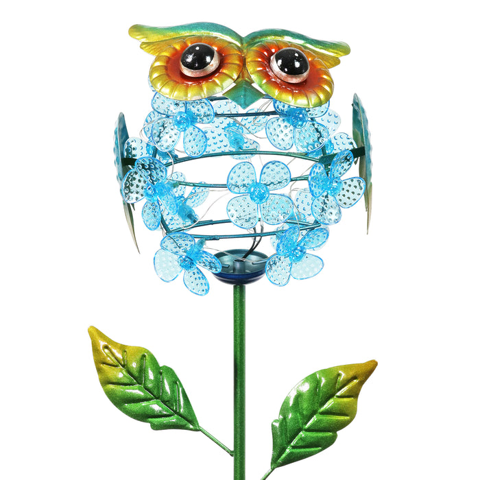 Solar Blue Owl with Spinning Flower Body Garden Stake, 7 by 36 Inches