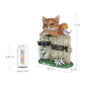Solar Hand Painted Fox Garden Statue with a Lantern Jar of LED Bumblebees by a Welcome Fence, 9.5 by 11 Inches | Exhart