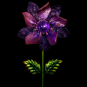 Purple Solar Flower Wind Spinner Garden Stake, with Solid and Metal Lace Petals, 16 by 58 Inches
