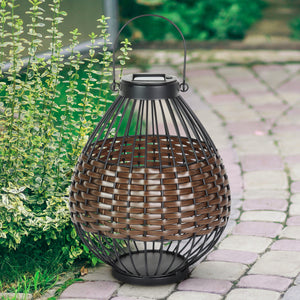 Solar Black Metal and Brown Plastic Rattan Lantern, 8.5 by 22 Inches | Shop Garden Decor by Exhart