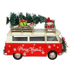 Red Metal Holiday Van with LED Christmas Tree Decor on a Battery Powered Timer, 10.5 x 7.5  Inches | Exhart