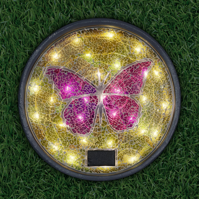 Solar Mosaic Glass Butterfly in Cement Stepping Stone, 10.5 Inches