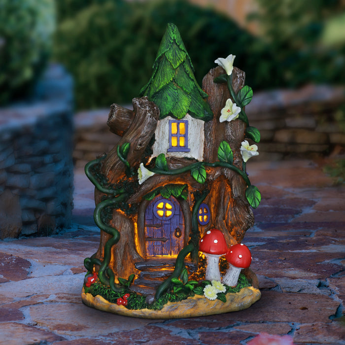 Solar Whimsical Fairy House Garden Statue with Purple Door and Two Red Mushrooms, 12 Inch